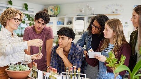 College students conduct a hands-on science experiment with an instructor
